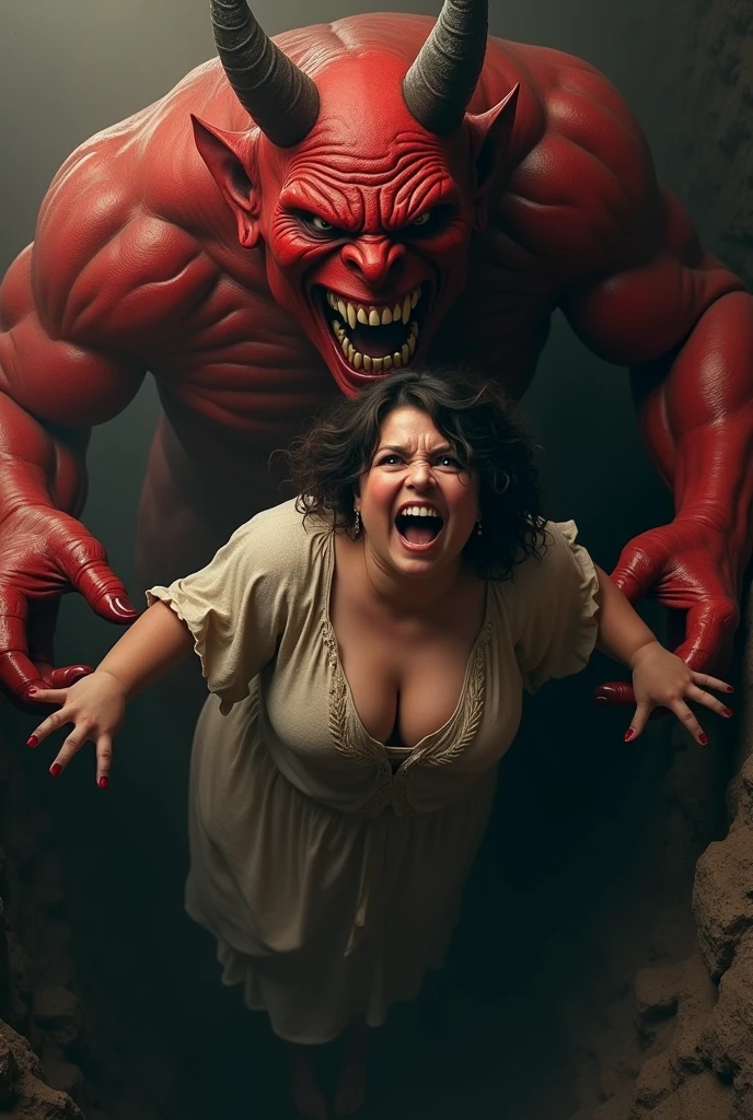 "A plump woman is hanging from the edge of a pit, her face filled with fear and panic. Behind her stands a large, terrifying red devil, his face twisted in a menacing laugh. Above the devil's head, there's a text bubble with the word 'FOOL' written in bold letters. The entire scene is captured in hyper-realistic, HD quality, with ultra-hyper details, clearly showing the expressions of both the woman and the devil. The background has a dark, glowing effect, making the whole image even more intense and vivid."