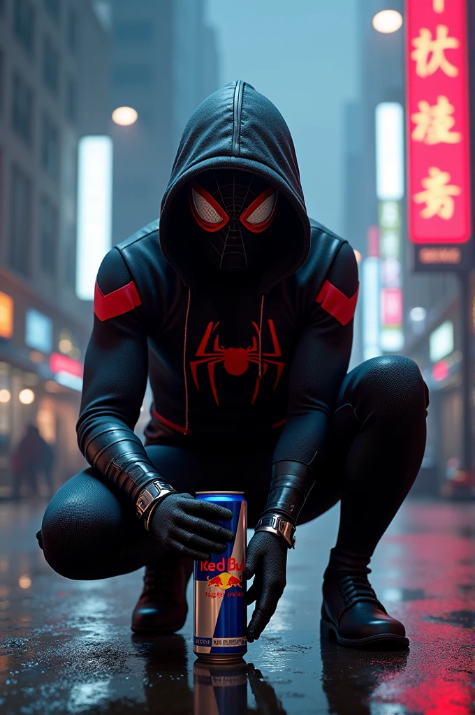 Imagine Spider-Man cagoulé avec une canette de Red Bull rouge