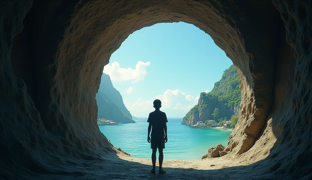 Draw a picture showing a figure standing alone at the entrance to a large tunnel, walking towards the camera with facial details. The end of the tunnel reveals a sweeping view of a ancient village of Ternate, North Maluku, Indonesia with ocean and Ternate Mountain. Emphasize the contrast between the dark, rough ground in the tunnel and the bright urban landscape.