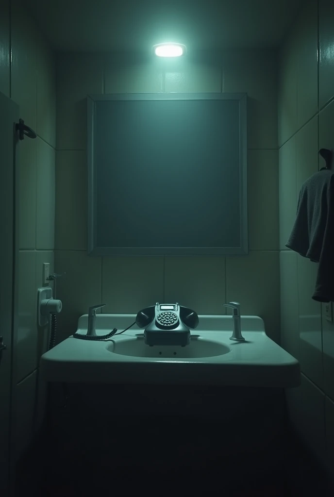 A new phone on the sink has an incoming call., mysterious atmosphere, mysterious, related to another dimension