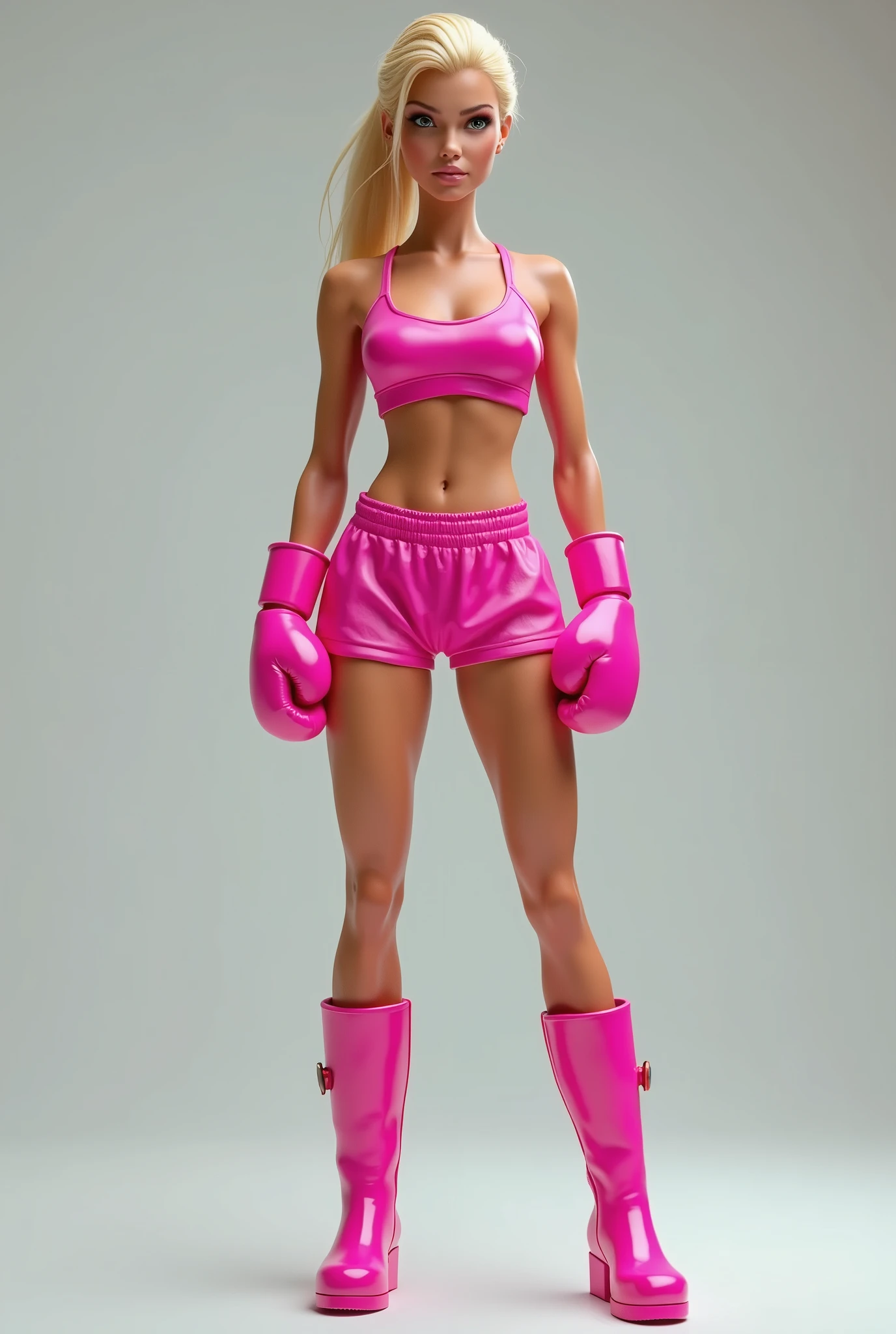 photo-realistic full-length full body picture boxer Barbie, blonde, athletic figure, she wears pink boxing shorts and sports bra, high calf pink boxing boots, and pink boxing gloves