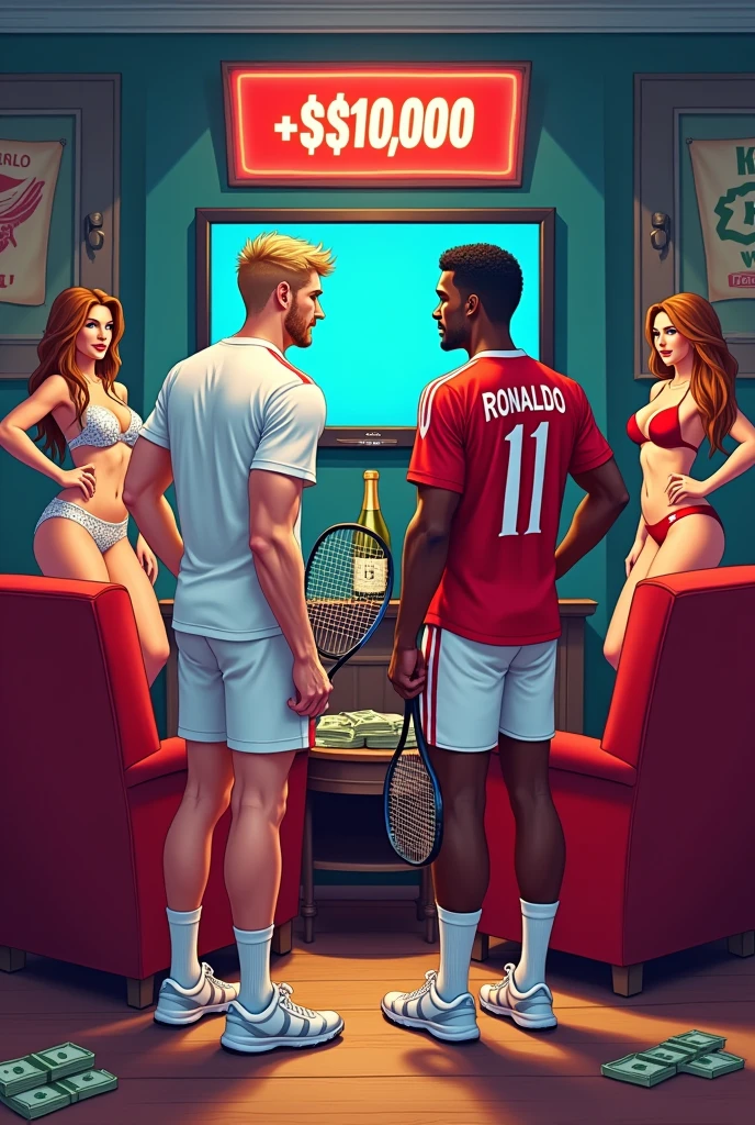 Créer une image pour le paris sportif . Il est censé y avoir deux homme sur la photo et des femmes en bikini, un de race blanche et l autre de race noire. est' un porte une tenue de tennis et l autre porte une tenue de foot avec ecrit sur le maillot floqué RONALDO que dans le dos du maillot . Devrait-il porter une magnifique pièce d'argent. Dans la main gauche, il devrait avoir une raquette de tennis et l autre un ballon . sur l'image, vous devriez voir une tele avec du sport en arrière-plan , il devrait y avoir des liasses de billets partout dans la piece , il devrait y avoir des fauteuils de roi dont lequel sont assis les deux hommes rester, et le tout devrait être en dessin animé et bien mettre une personne de race blanche et l'autre de race noire. , La personne blanche est blonde sans barbe , les deux hommes sont vue de dos , au dessus de la tele il doit il y avoir marqué + 10000$ et un des deux hommes saute de joie et il doit aussi avoir du champagne sur la table. l homme de race noire doit avoir une moustache et un peu de barbe et l homme de race blanche n a pas du tout de barbe et il doit y avoir des femmes sexy dans la piece