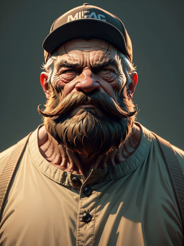 a portrait of an old man wearing a shirt, upperbody, standing in fields, (mwvector), baseball cap, vector, thick mustache, long beard, 8k, high quality, photorealistic, detailed wrinkles, detailed facial features, detailed texture