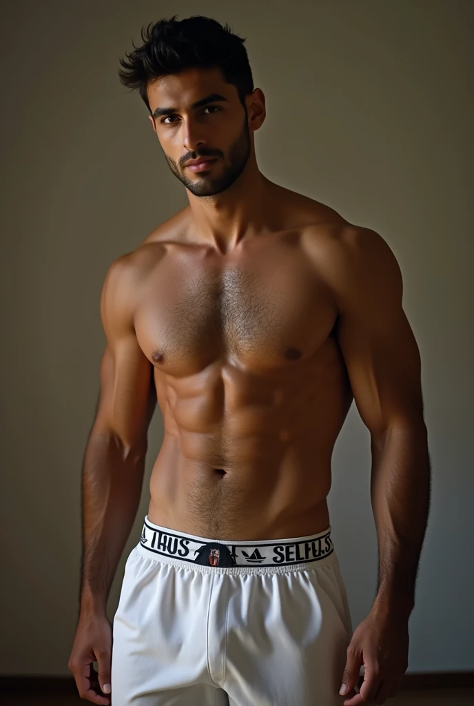 naughty man, Arabic traits, sculpted body, no hair on the body, shorth hair, whisker, very thin beard, wearing no shirt, white adidas dryfit shorts without underwear with penis marking