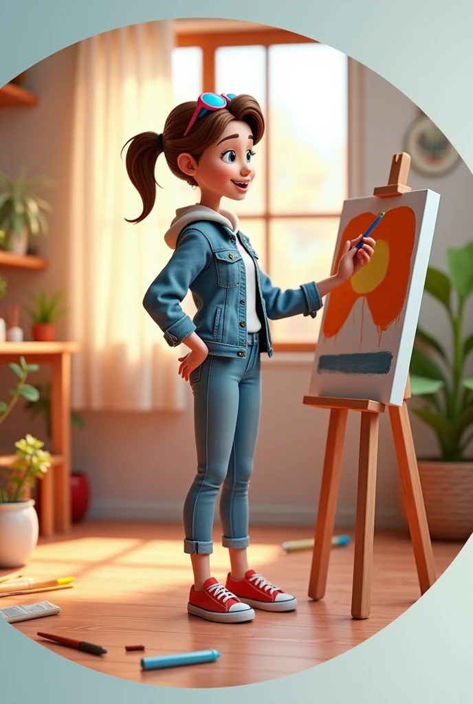 Create a 3D illustration of an animated instagram profile picture in which a artist draw a painting. The character must wear casual modern clothing such as jeans jacket and sneakers shoes. Remember the pic you generate is in circle shape border
