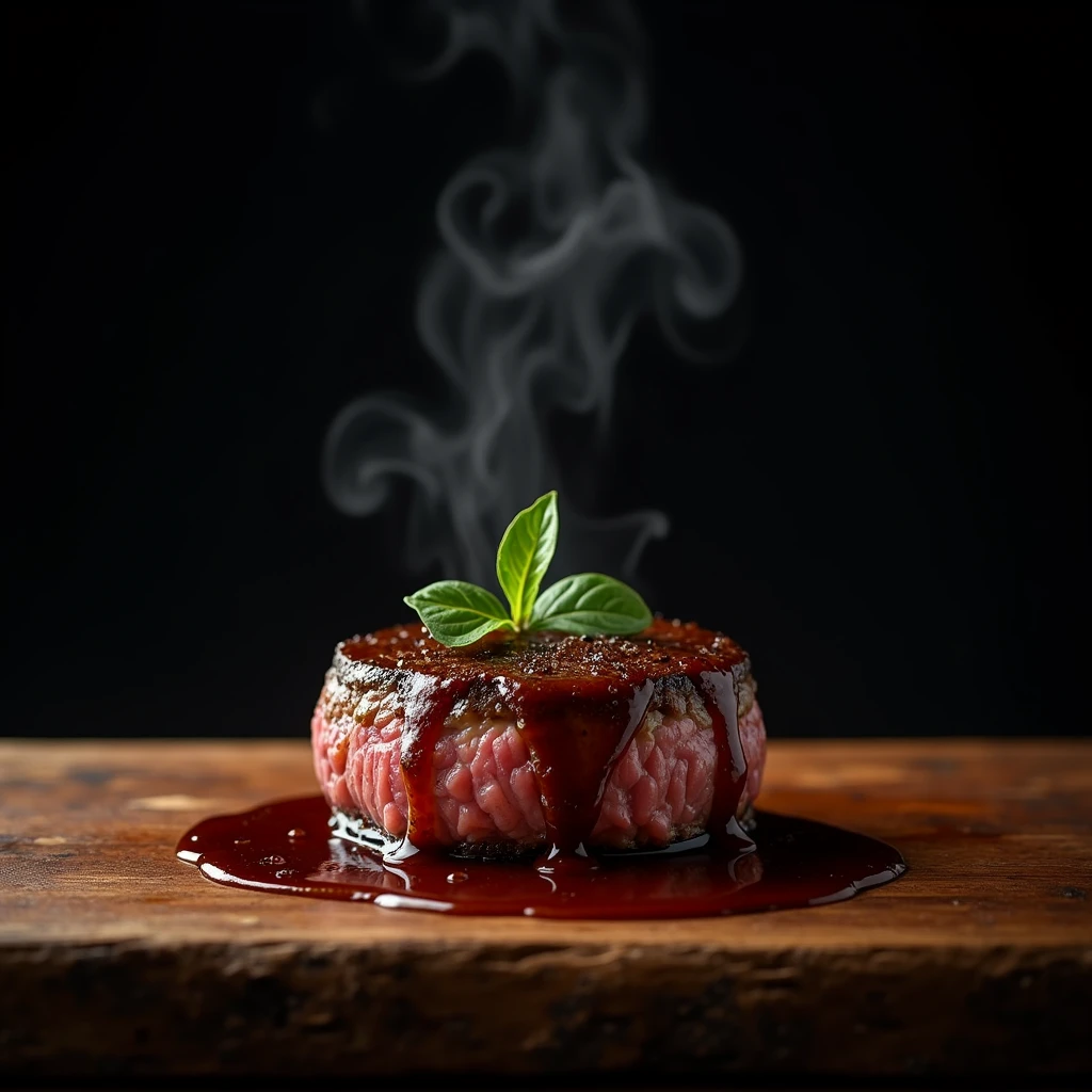 Steak recipe clean picture realistic food, steaming hot, peppercorn sauce on top of the steak and dripping off the side of the steak, on rustic wood floor, placed on a dark background, medium contrast