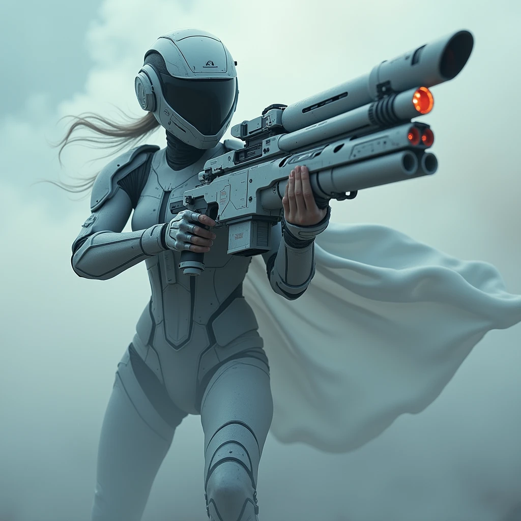 A full protective helmet mask and futuristic high-tech combat mecha made of smoke，Sci-fi female space warrior，Tactical equipment，Shooting stance，Art Photography