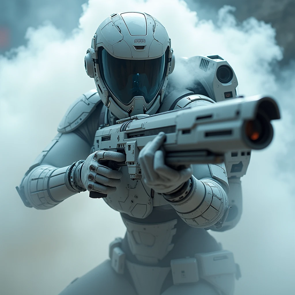 A full protective helmet mask and futuristic high-tech combat mecha made of smoke，Sci-fi female space warrior，Tactical equipment，Shooting stance，Art Photography