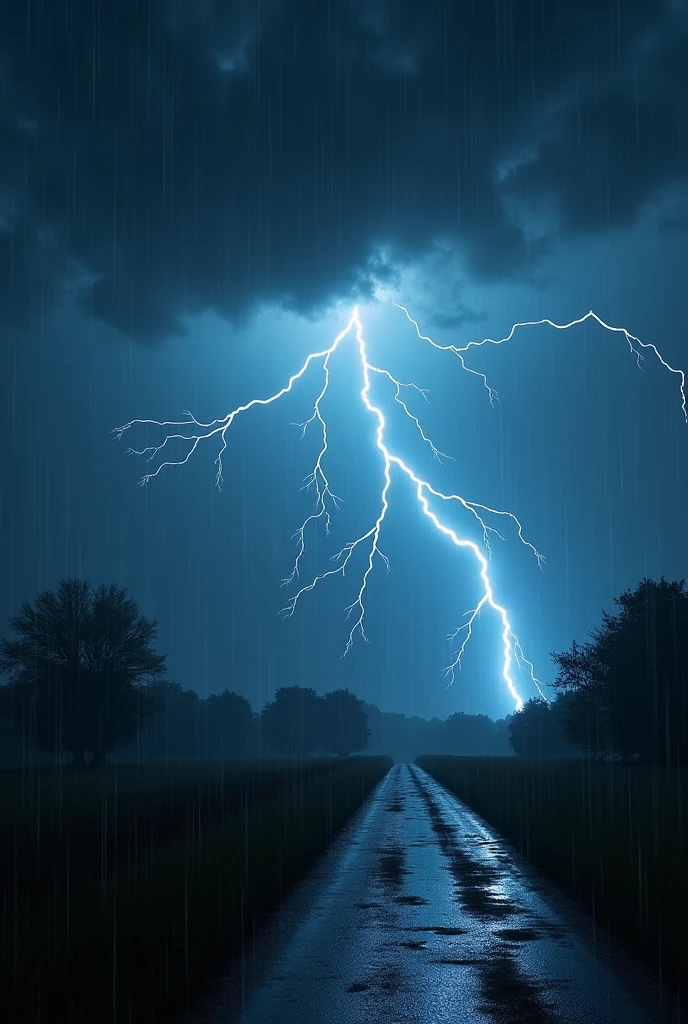 Rain and lightning falling at night 