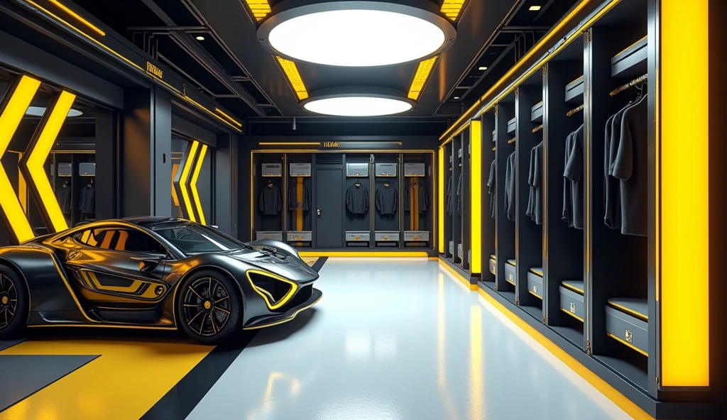 Changing room, sporty style, racer, No people , modern, Futuristic style, The center point is on the left. Yellow and black