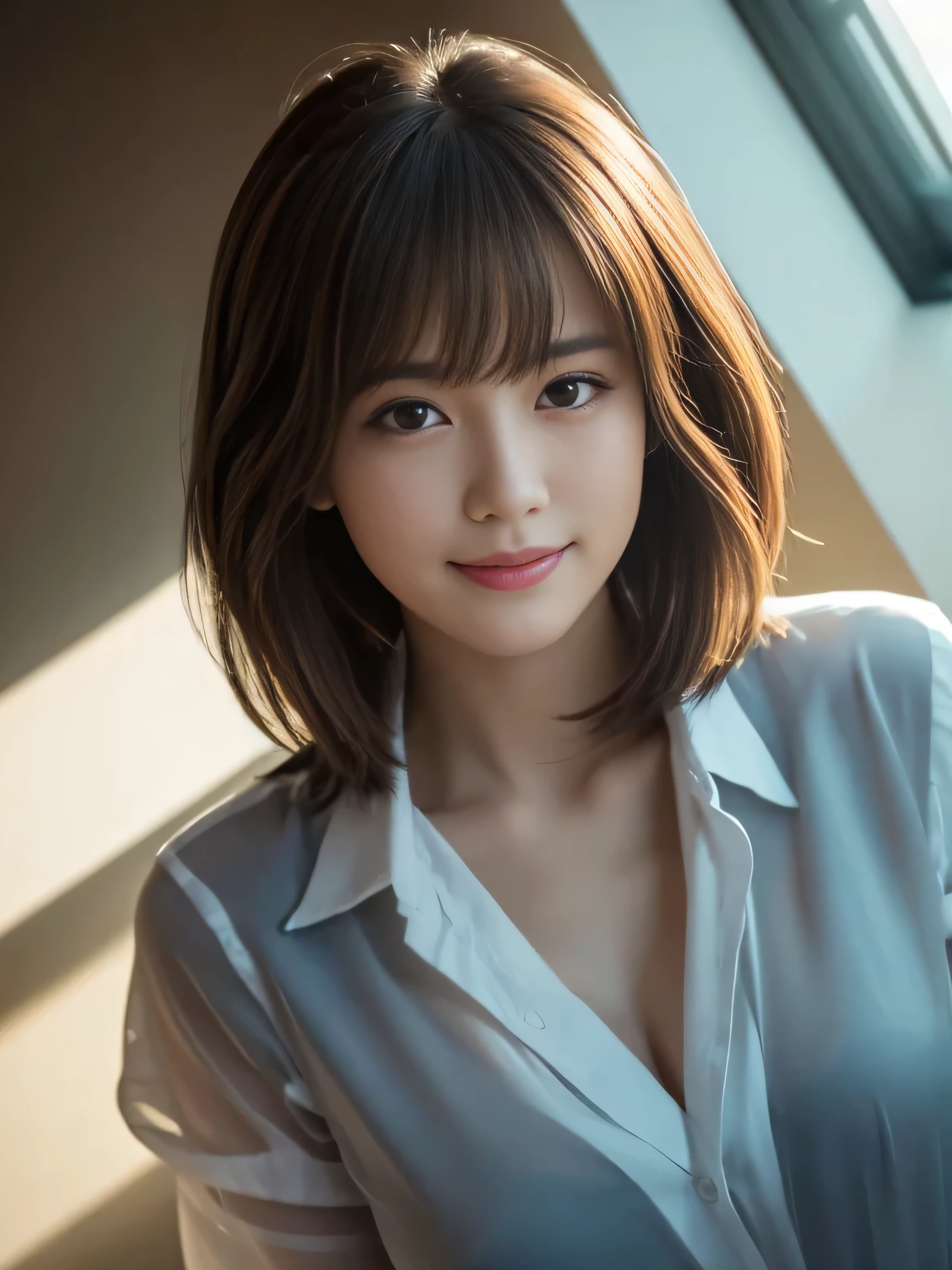 (Highest quality,8K quality,masterpiece:1.3),(Ultra-high resolution,Realistic:1.4,Live Shooting),(Very detailed,Caustics),(Ultra-Realistic Capture,Beautiful and detailed skin),1,Beautiful Japanese, Medium Hair, Messy Hair, Asymmetrical bangs, Brown Hair, I'm looking at the camera with a smile on my face,Soft Light,A ray of light shining from above,Natural light,Black wall room,Wearing a white open-neck shirt,