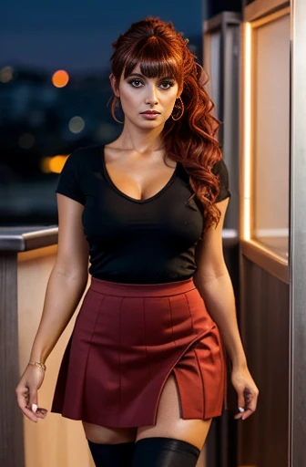 30 year old woman, tanned, serious face, makeup, black eyes, lipstick, perfect hands, wavy red hair with bangs, ponytail hair, short business style skirt, thigh-high stockings, high heels, sex, standing, bar at night