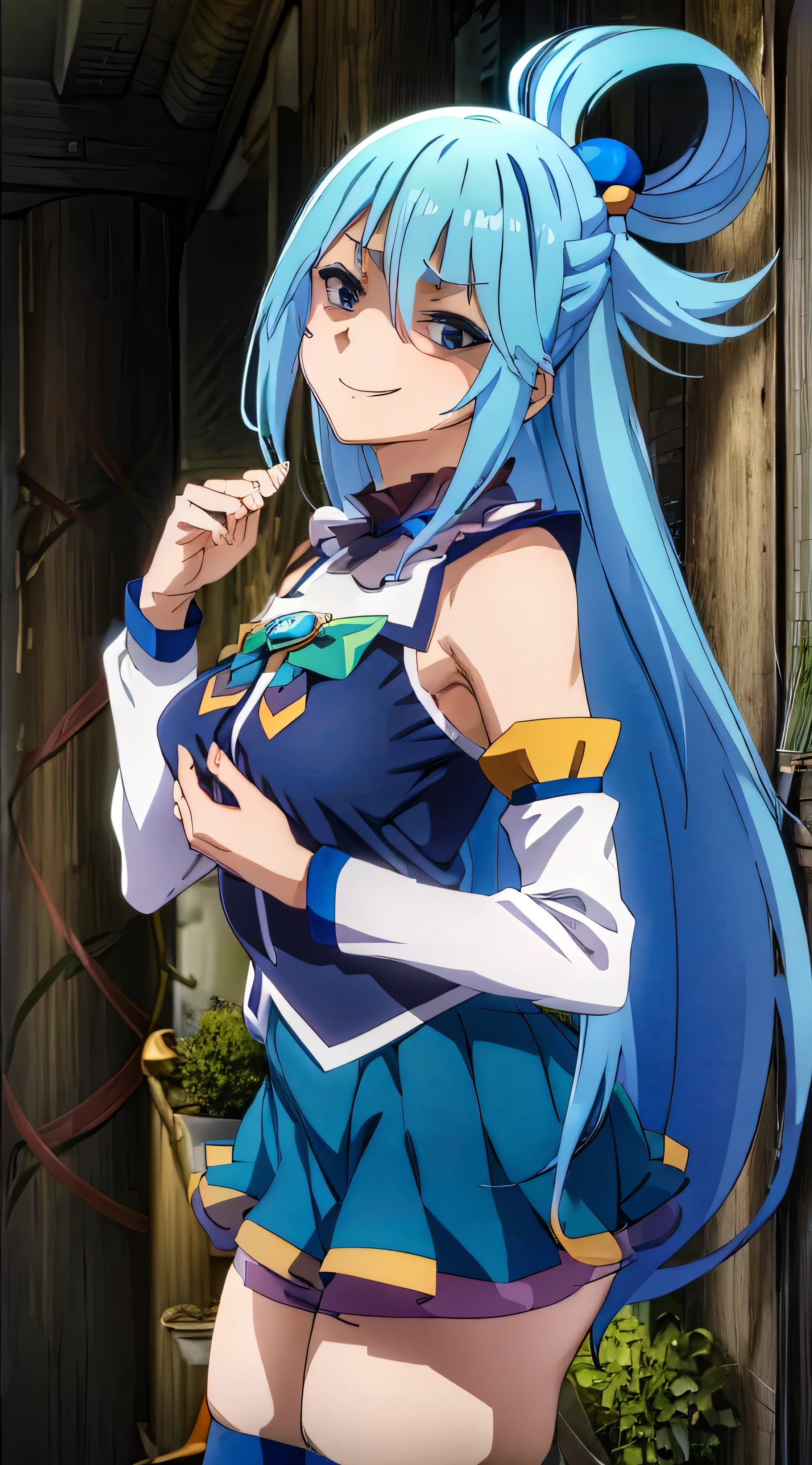 (masterpiece, best quality:1.2), expressive eyes, perfect face, highres, 1girl, solo, aaaqua, long hair, blue hair, hair rings, hair ornament, choker, bare shoulders, green bow, blue shirt, detached sleeves, blue skirt, thighhighs, happy smiling, standing, upper body, portrait, looking at the viewer,curvy,,oily skin,shiny skin,most evil huge laugh,lipstick,sadistic smile,deep shaded face(eyes in shadow),singlebraid,smile worst,worst ridecule,most evil moukery,,onebraid,,two hands,five fingers,dark aura background,A face full of evil,most evil ridicule,,horor, Violence, , The Empowerment of Evil, monster,naughty face,seductive smile,evil smirk,ojou-sama pose,oily skin,shiny skin,