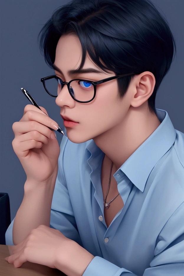 man，Anime Face，Realism，Dark blue short hair，Wearing a necklace，Wearing glasses，Long eyelashes，blue eyes，Office Background，这个man穿着一件宽松上衣，Sitting at a desk，A pen in his hand，Close-up。high resolution，high quality，Masterpiece。