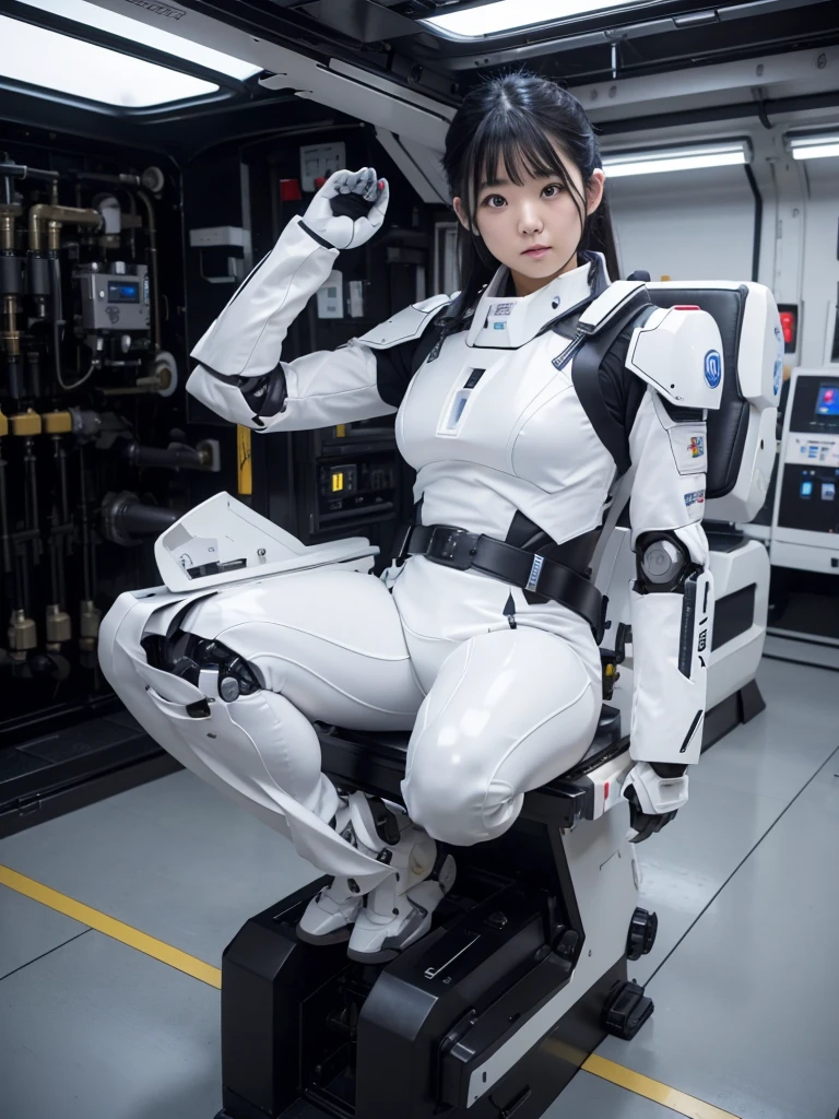 Japanese women,Black Hair,Machine cockpit,Control panel,Secured to the seat with a thick belt,Plump,Slightly thicker,Squat,White robot suit,Chest Light,Robotic arms and legs,A room surrounded by machines,