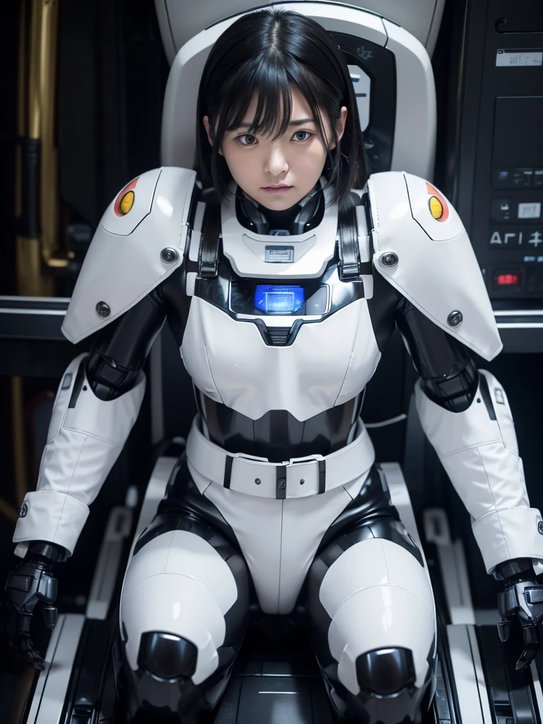 Japanese female android,Black Hair,lying on your back on the bed,fixed with a belt,Plump,Slightly thicker,White robot suit,There is a control panel on the chest.,Robotic arms and legs,A room filled with machines,