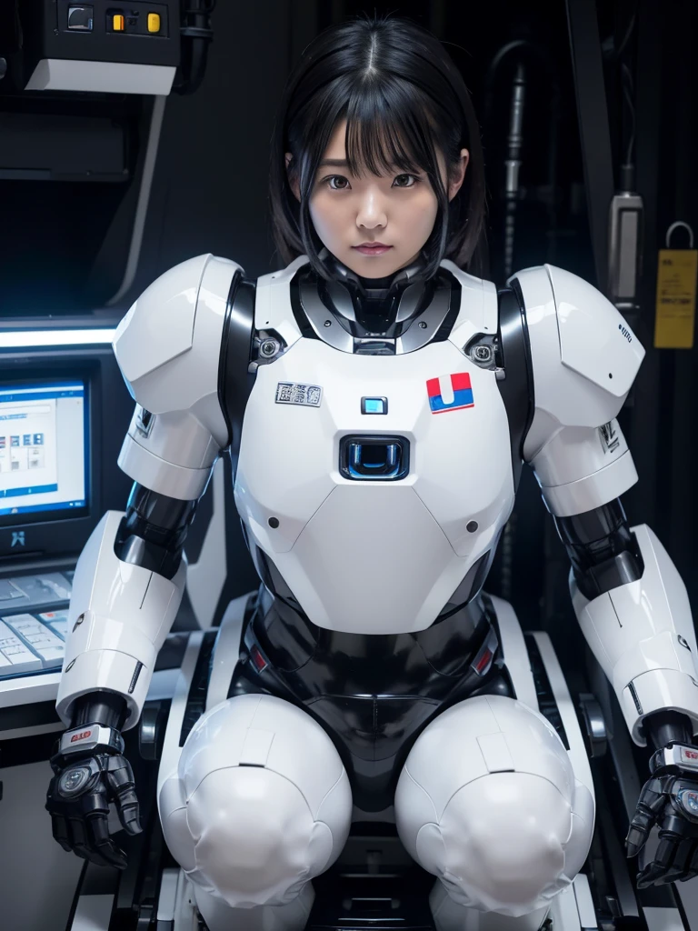 Japanese women,Black Hair,Machine cockpit,Control panel,Secured to the seat with a thick belt,Plump,Slightly thicker,Squat,White robot suit,Chest Light,Robotic arms and legs,A room surrounded by machines,
