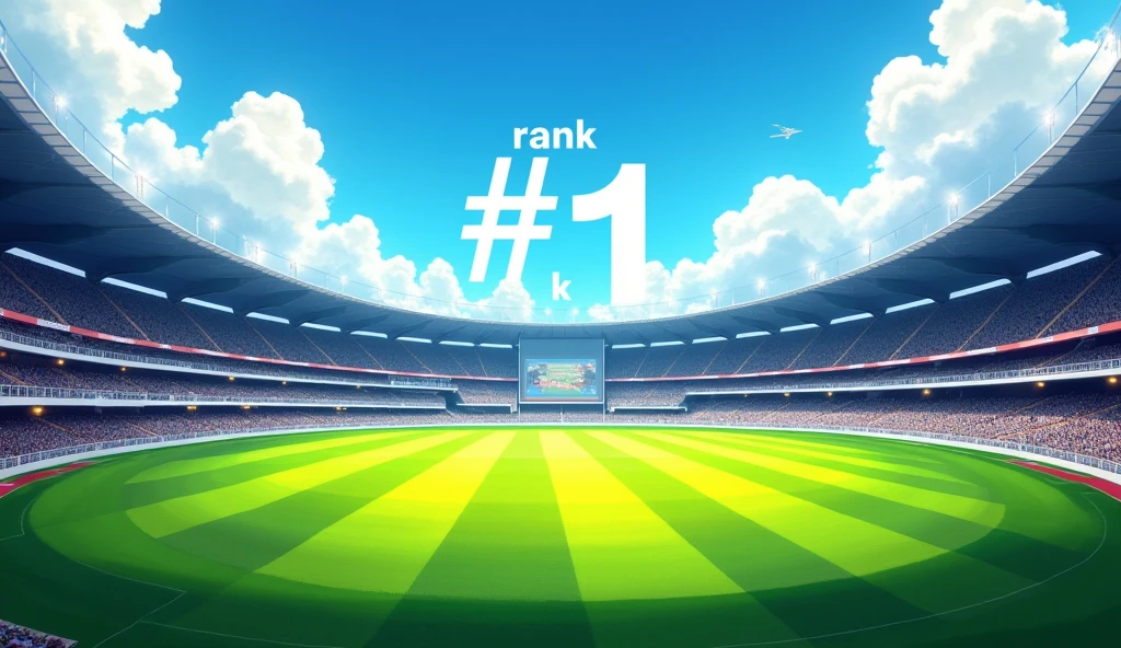 A cricket ground in background no man include with beautifull colours and a text with "Rank #1"in middle. 
