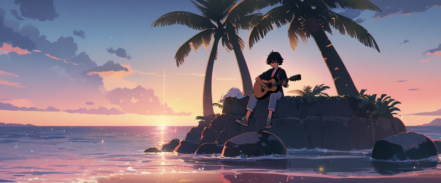 Studio Ghibli Style HMC, A boy sitting on a shelf at sunset playing the guitar, Wallpaper 8k, play the guitar, LOFI Girl,(Warm, vibrant colors), (soft, Golden Light), (Sparkling reflections on the water), Anime Style，Ocean，Ocean Beach，Coconut Tree