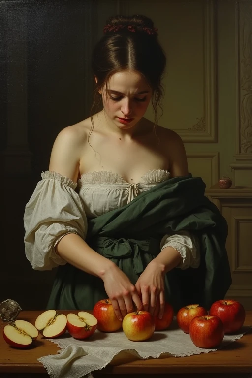 A painting of a nude woman in a transparent tunic lying on the floor next to a broken bowl of fruit, based on The Death of Cleopatra by Georges Girardot, Jean-Leon Jerome, Jean-Leon Jerome, inspired by Tom Lavelle, Jean-Leon Jerome, Raphael Hopper, inspired by Rudolf Ernst, Herbert James Gunn, in the style of Thomas Eakins, inspired by Theodore Chassero, Beau Bartlett