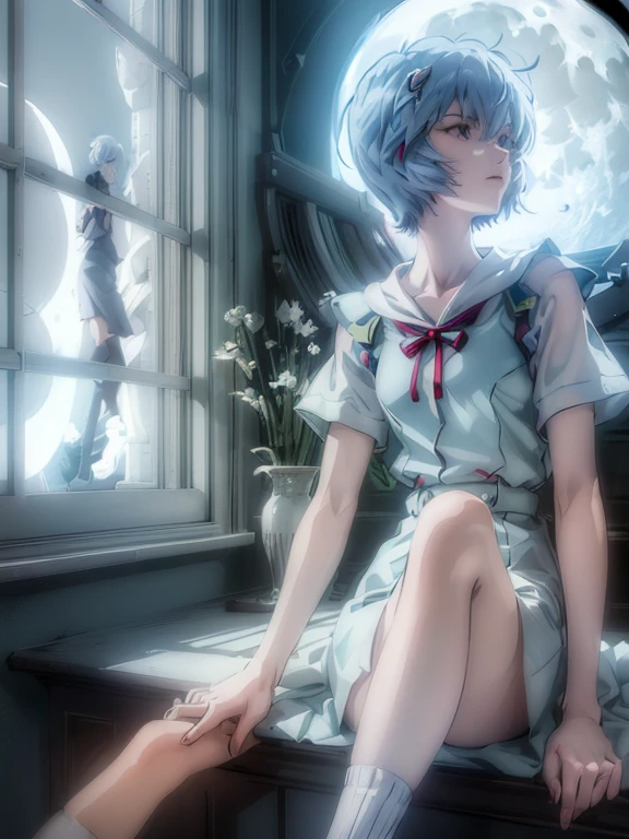 ultra-detailed, illustration, Beautiful Face, Beautiful body, (Rei Ayanami), Bluish silver hair, Silky short hair, (((Large windows, Open window, Leaning on the window frame, One foot on the window frame))), (Hold your one side knees), Tokyo-3 middle school uniform, black socks, ((Moon Background, The moon looks big:1.3, Gazing at the Moon:1.3)), ((Night:1.3)), View from inside the Hospital room, (The lace curtains are swaying in the wind), Slightly slim body, face in profile, ephemeral Expression, extremely detailed eyes and face, photo with an 85mm camera, Natural moonlight, details accurate face, Accurate limbs, ((masterpiece, best quality, high resolution))