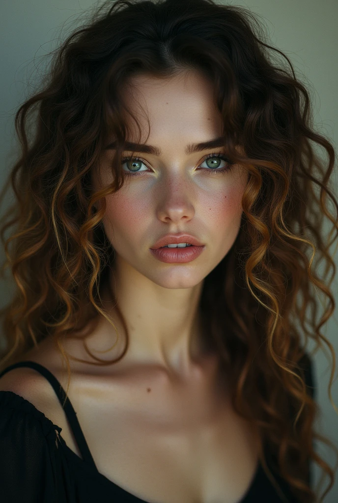 Create a woman with curly hair and golden tips, thin eyebrows and a mole in the middle of the forehead