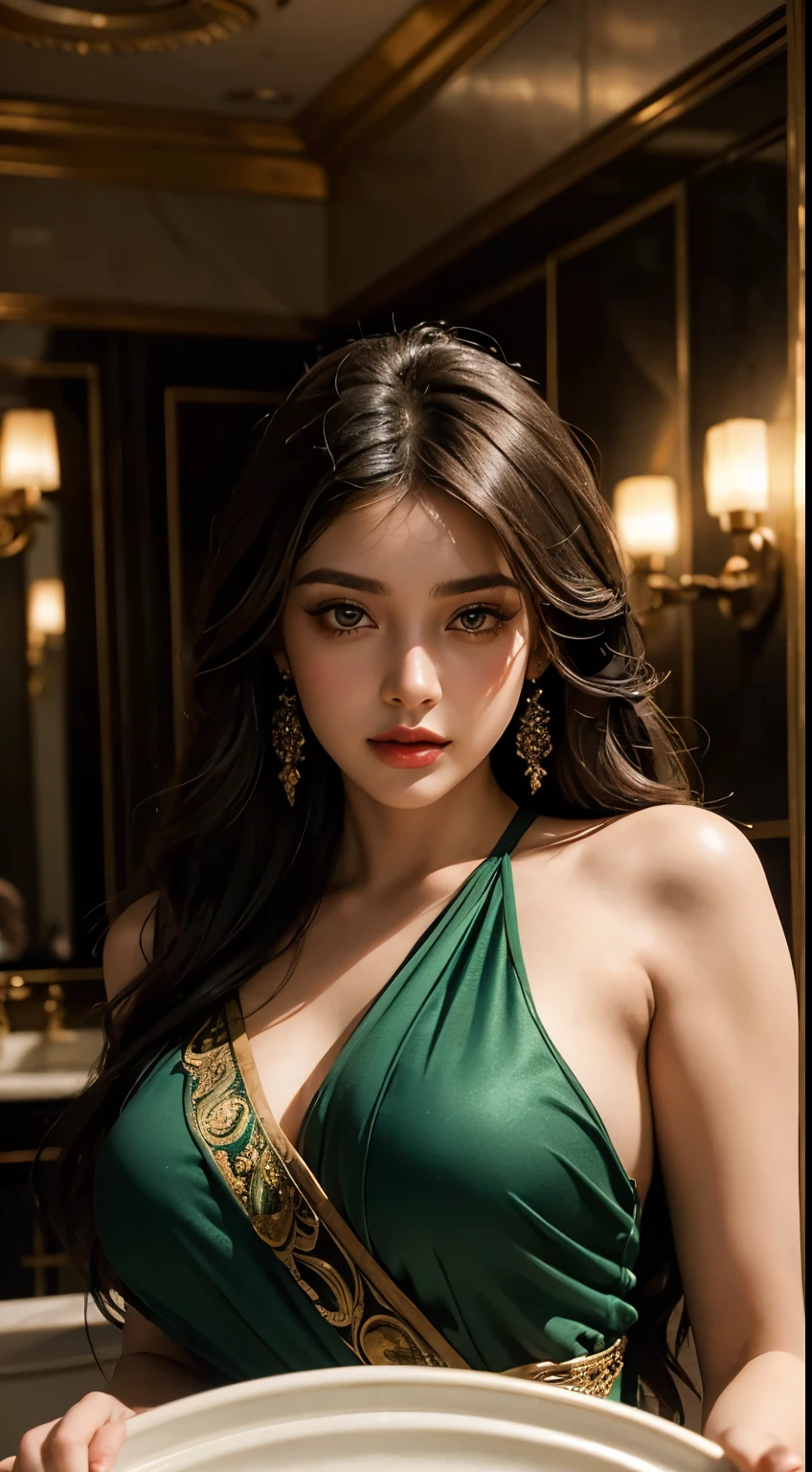 Amazing portrait of a woman who is 30 years old and an adult and a beautiful woman in a green saree with her luscious curves accentuated with a captivating gaze inviting the viewer with photorealistic and  intricate details and cinematic lighting and highly detailed and hyper-realistic masterpiece in 8K with  stunning makeup and piercing eyes with a seductive expression wearing lavish jewelry and ornate patterns with luxurious textures in an opulent bathroom setting with dramatic shadows and vibrant colors having glossy skin and flawless complexion in a mesmerizing portrait during night time with soft lighting showcasing her red lips and her beautiful face in detail and close up 