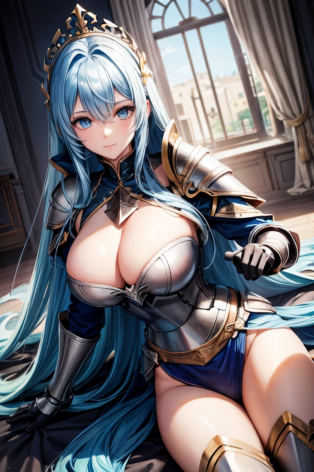 Long blue hair，blue eyes，Royal sister，Big Breasts，Knight armor