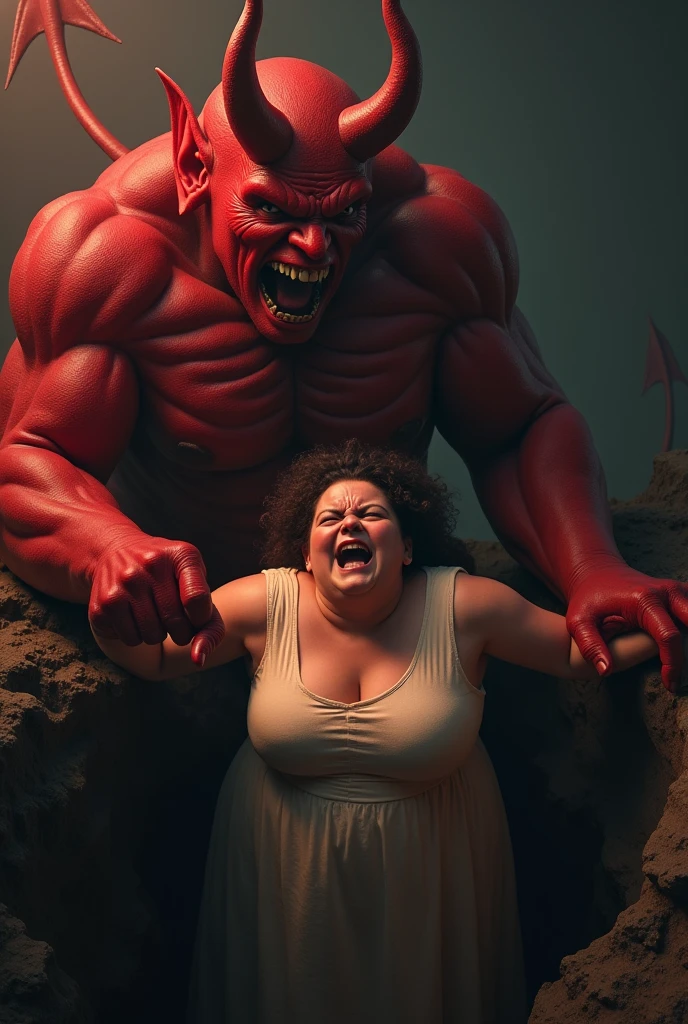 "A plump woman is hanging from the edge of a pit, her face filled with fear and panic. Behind her stands a large, terrifying red devil, his face twisted in a menacing laugh. The entire scene is captured in hyper-realistic, HD quality, with ultra-hyper details, clearly showing the expressions of both the woman and the devil. The background has a dark, glowing effect, making the whole image even more intense and vivid."