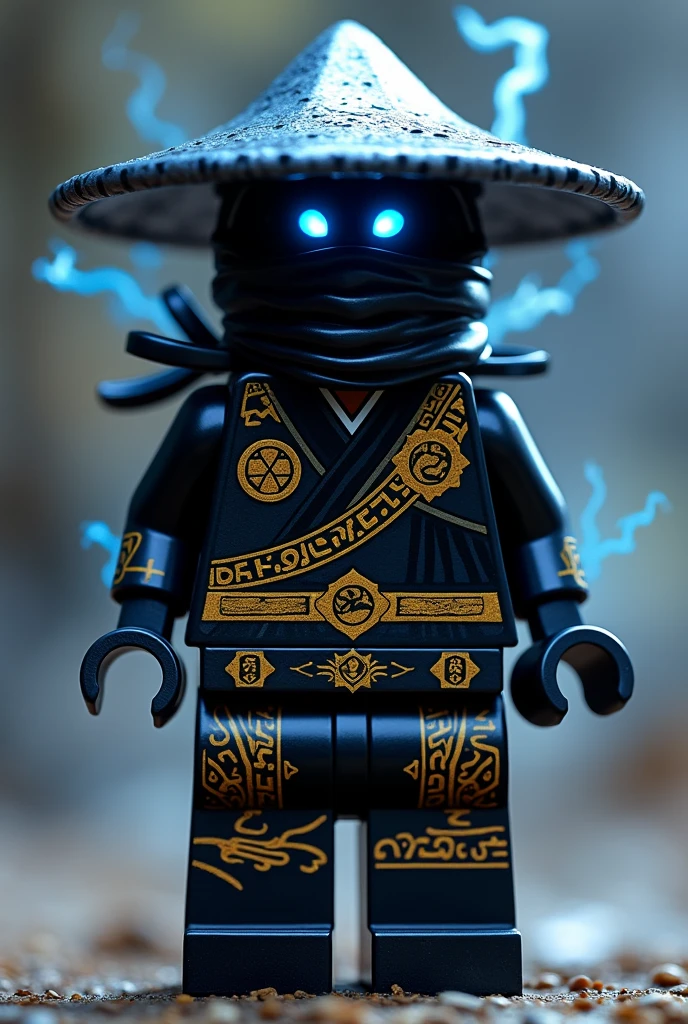 Créer moi un lego ninja go avec pas de muscles et ni de masque le premier maitre du spijisufuturiste de la dernière puissance fusionnaire et doit être en lego un ninja avec un chapeau de paille bleu foncé, avec un bandeaux en métal noir cachant la bouche avec une cape noir derrière le dos sombre et avec une peau noir foncé noir sombre et un regard terrible avec des yeux en éclair bleu avec une puissance incroyable avec comme puissance élémentaire l’électrique, l’énergie, la terre, le feu, la glace. Les habits du ninja doit être tout noir avec des traces grise bleu foncé avec des reure en forme de force, d'électricité, de feu en or et des écritures japonaises et le parchemin antique du spinjisu interdit sacré le plus puissant en golden avec des symboles de lions en rouge sur le torse. Un ninja imbattable monstrueux beaucoup trop puissant qui contrôle tous les pouvoirs élémentaires. Le ninja doit être destructeur et soif de victoire un gentil et méchant avec le parchemin du spinjisu interdit sur le dos 