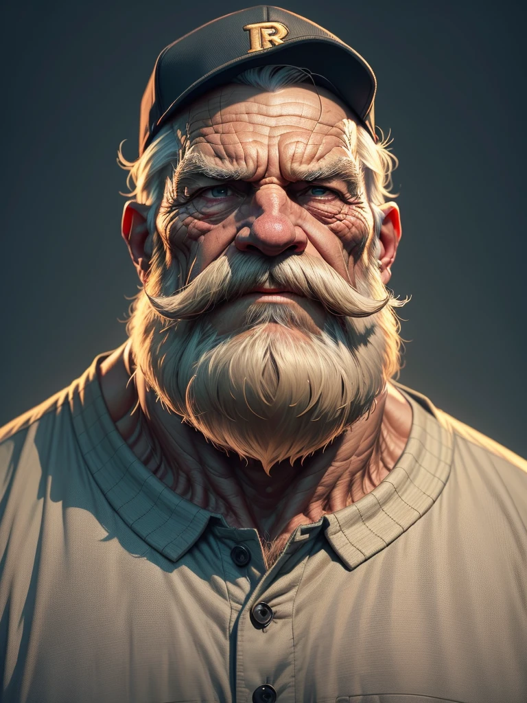 a portrait of an old man wearing a shirt, upperbody, standing in fields, (mwvector), baseball cap, vector, thick mustache, long beard, 8k, high quality, photorealistic, detailed wrinkles, detailed facial features, detailed texture