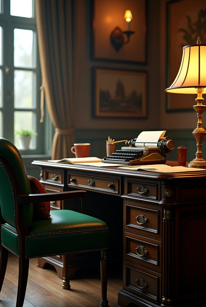 vintage atmosphere, panoramic view of antique desk, with retro typewriter, fountain pen and sheets of paper, workstation oldfashined, styled, retro, vintage, green leather chair with bronze and dark wood details, illuminated environment, old movie scene,