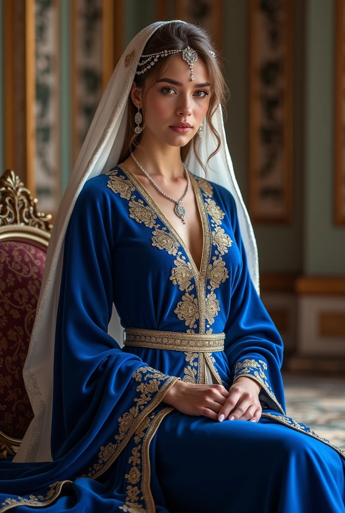 Femme du harem avec un caftan bleu royal long et ample en velours ornées de  broderies en or avec un voile blanc avec des motifs avec des chaussures en velours noir avec un collier en or et des boucles d'oreille  avec un petit diadème simple en argent et une ceinture en argent