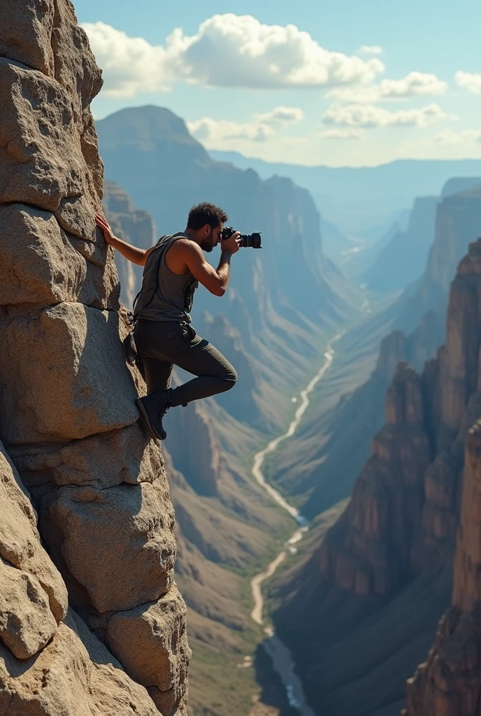 A photographer with a camera is hanging on the edge of a precipice and holding on with one hand and is about to fall