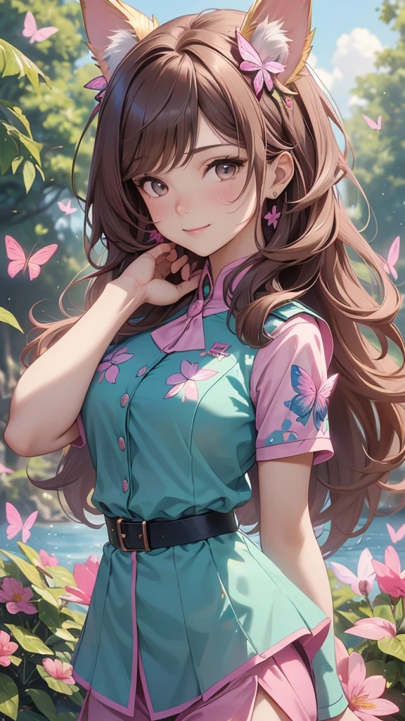 (best quality,4k,8k,highres,masterpiece:1.2),ultra-detailed,(realistic,photorealistic,photo-realistic:1.37),acrylic painting,beautiful Brazilian model in a uniform outfit with downy hair,beautiful Brazilian model with extremely colorful brown hair and detailed facial features,beautiful Brazilian model standing in a beautiful garden sakura flowers, long hair,cat ears, hair bows, teal and pink uniform outfits, smile, happy face,light  brown  hair,butterflies, brown eyes,  mature woman, older woman, 30 year old, adult woman. Older lady, posing,Solo, teal and pink butterflies, butterfly background 