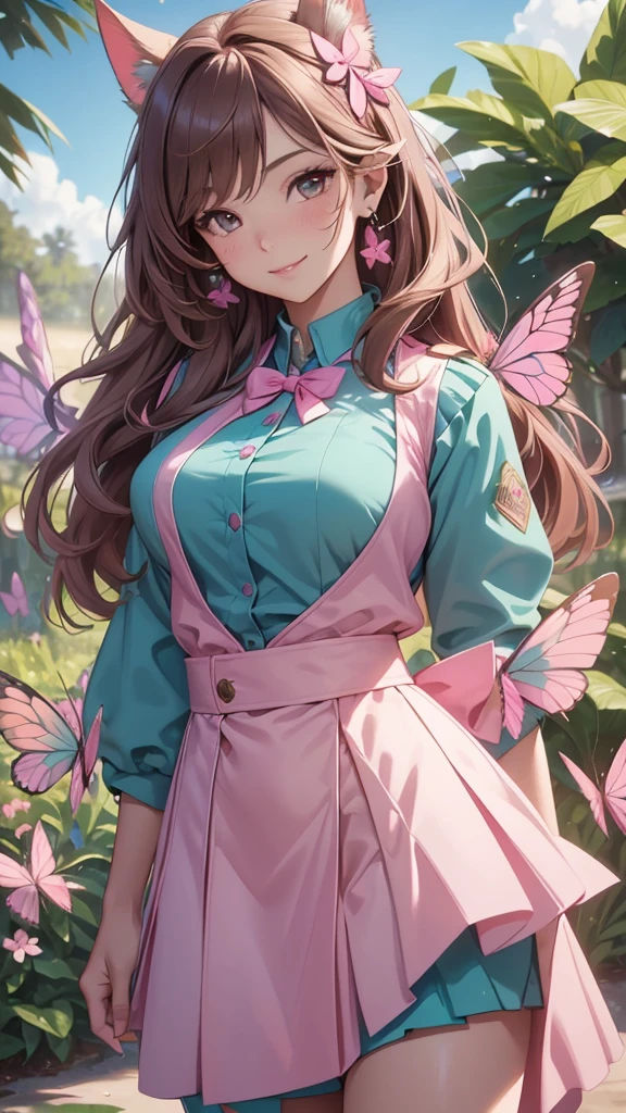 (best quality,4k,8k,highres,masterpiece:1.2),ultra-detailed,(realistic,photorealistic,photo-realistic:1.37),acrylic painting,beautiful Brazilian model in a uniform outfit with downy hair,beautiful Brazilian model with extremely colorful brown hair and detailed facial features,beautiful Brazilian model standing in a beautiful garden sakura flowers, long hair,cat ears, hair bows, teal and pink uniform outfits, smile, happy face,light brown hair,butterflies, brown eyes, mature woman, older woman, 30 year old, adult woman. Older lady, posing,Solo, teal and pink butterflies, butterfly background