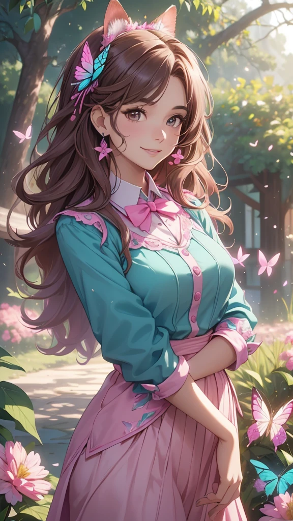 (best quality,4k,8k,highres,masterpiece:1.2),ultra-detailed,(realistic,photorealistic,photo-realistic:1.37),acrylic painting,beautiful Brazilian model in a uniform outfit with downy hair,beautiful Brazilian model with extremely colorful brown hair and detailed facial features,beautiful Brazilian model standing in a beautiful garden sakura flowers, long hair,cat ears, hair bows, teal and pink uniform outfits, smile, happy face,light brown hair,butterflies, brown eyes, mature woman, older woman, 30 year old, adult woman. Older lady, posing,Solo, teal and pink butterflies, butterfly background