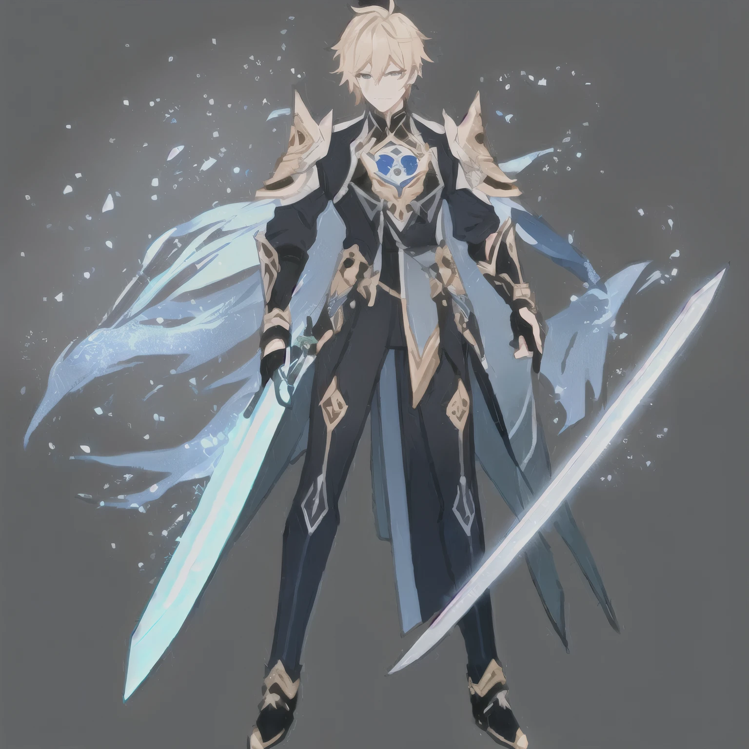 cartoon image of a male character with a sword and armor, suit with blue inserts, Genshin is a shock character, Detailed full-body concept, Keqing from Genshin&#39;s blow, black and gold armor, new costume concept, Very stylish fantasy armor., intricate fantasy clothes, clothing design, Detailed full-body concept art, flowing robes and leather armor, black and gold armor