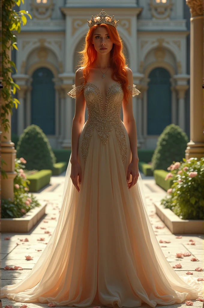 An orange-haired lady with a crown and fancy dress crying in her royal courtyard
