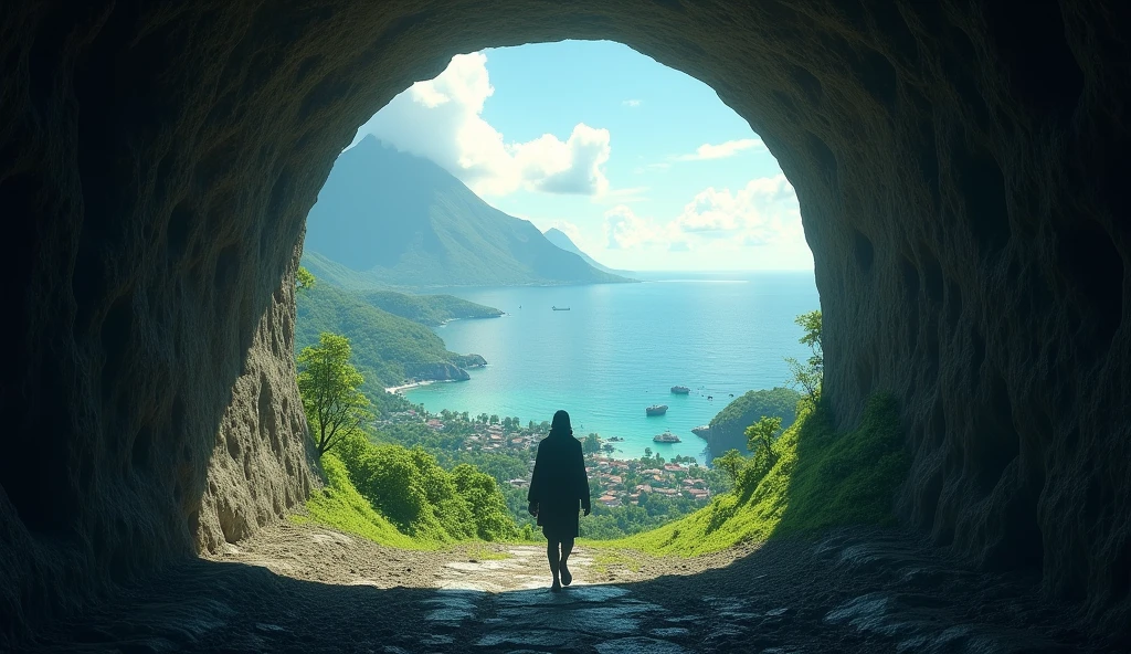 Draw a picture showing a figure standing alone at the entrance to a large tunnel, walking towards the camera with facial details. The end of the tunnel reveals a sweeping view of a ancient village of Ternate, North Maluku, Indonesia with ocean and Ternate Mountain. Emphasize the contrast between the dark, rough ground in the tunnel and the bright landscape.