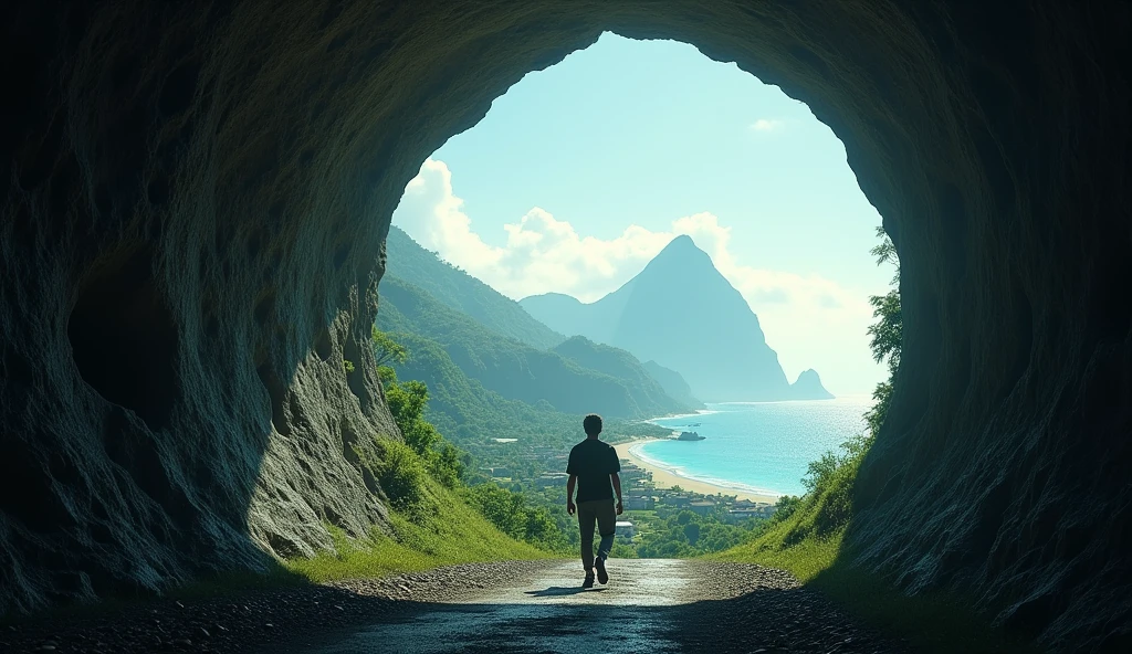 Draw a picture showing a figure standing alone at the entrance to a large tunnel, walking towards the camera with facial details. The end of the tunnel reveals a sweeping view of a ancient village of Ternate, North Maluku, Indonesia with ocean and Ternate Mountain. Emphasize the contrast between the dark, rough ground in the tunnel and the bright landscape.