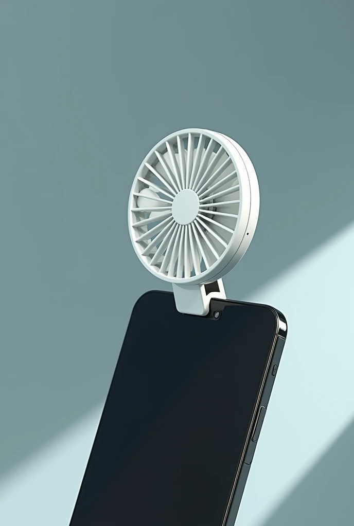 Make a portable fan that can clip to cellphone. The portable fan is in the top of the cellphone make it medium size. The portable should not touching the screen it should be on the top of the cellphone 
 