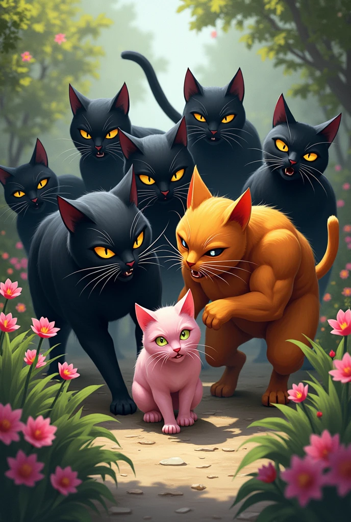 A gang of menacing black cats with yellow eyes ambush the garden, capturing the pink cat as the muscular orange cat tries to fight them off
