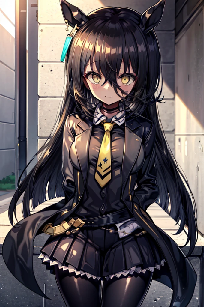 masterpiece, Highest quality:1.2), Manhattan Cafe(umamusume), One Woman, alone,Glowing Skin、Yellow Eyes、Eyes without highlights、Thick legs、Are standing、Cowboy Shot、smile、((latex))、Shiny black skirt, A shiny, black business shirt、Shiny yellow tie, Glossy black jacket,pantyhose、