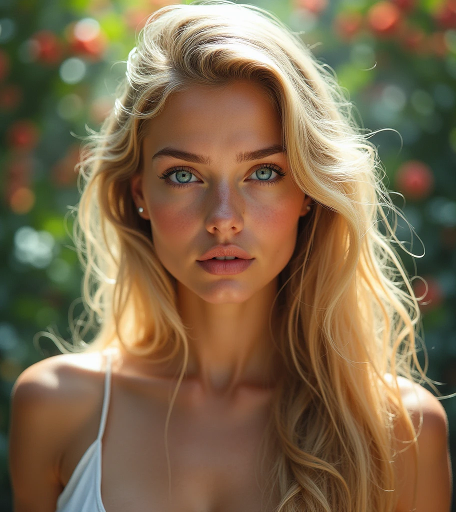A very pretty woman, blonde and blue eyes, on a very beautiful background, the background is not blurred or out of focus