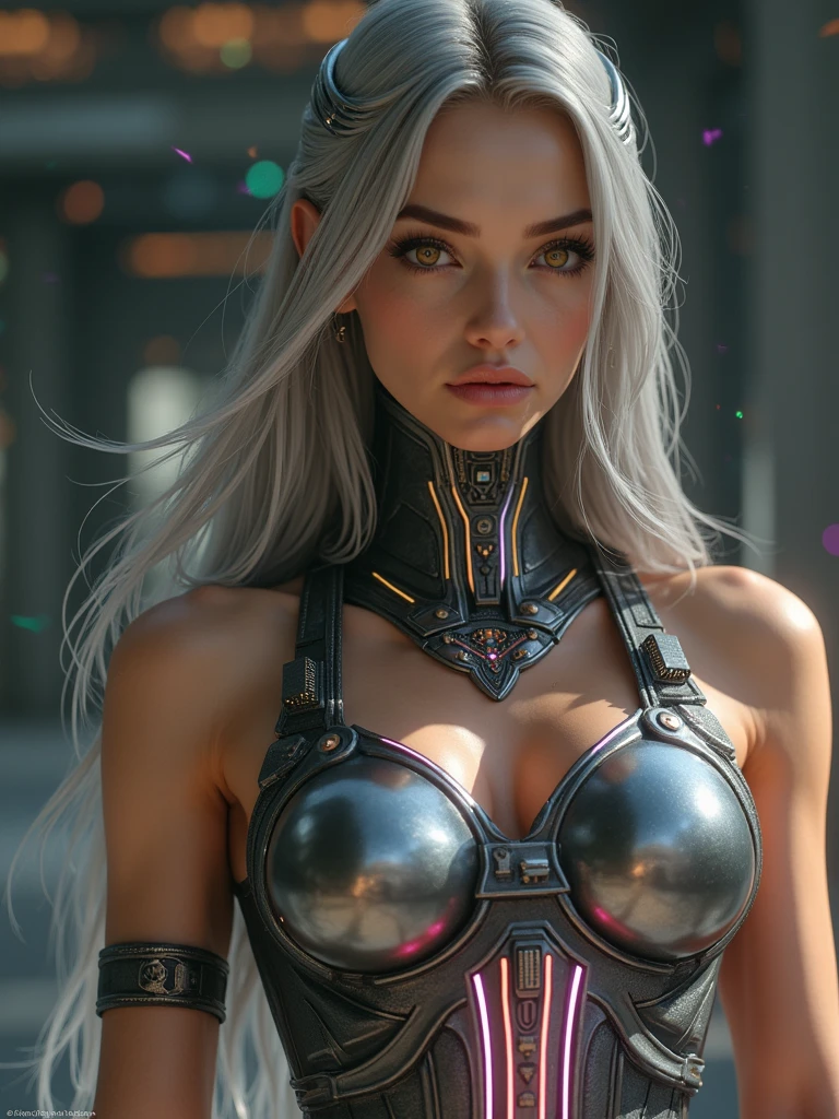 (best quality)), ((Masterpiece)), (details:1.4), 3d, HDR (high dynamic range), an image of a beautiful cyberpunk female, Blonde hair, High Ponytails, Sleek Style, Red eyes, hips up, จมูกโด่ง, ปากแดง, หน้าอกใหญ่, nvidia RTX, PBR surface, After processing, Anisotropic filtration,depth of field, Maximum clarity and clarity, multi-layered surface, Subsurface scattering, perfect proportions, 8K raw files, ultra detailed, Perfect proportions, volumetric lighting, soft lighting, Holy Paladin, Heavy Armor, glossy skin, intricate silver embroidery, gorgeous, intricate grey background, strong back lighting, jewely, ต่างหู, นิ้วมือสมบูรณ์, กระโปรงสั้น