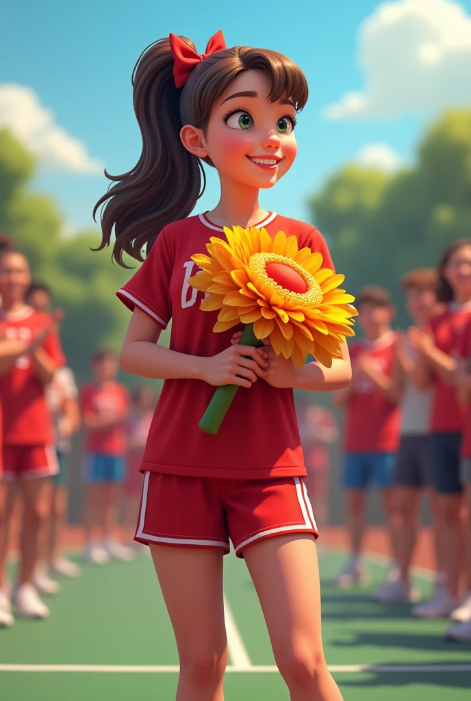 middle school student, long blond braided hair two, cheerleader, tshirt red, bot red, red clothing, cheerleading, happy, hand holding cheerleading flowers. realictics