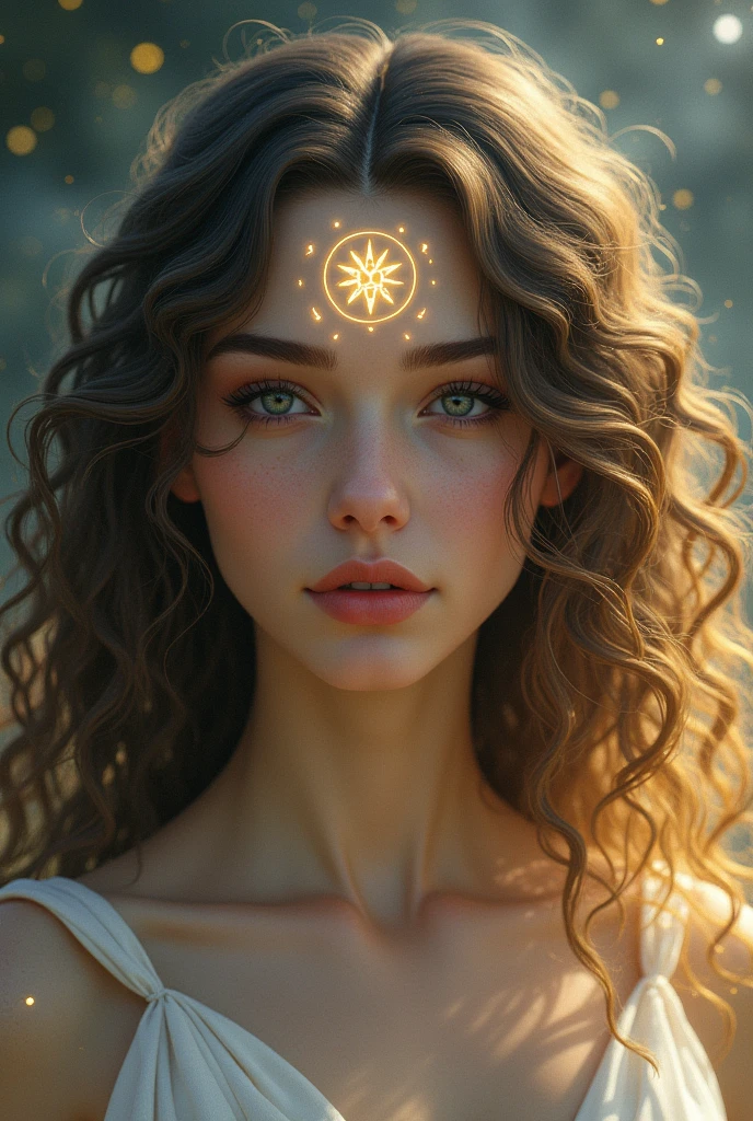 Create a woman with curly hair and golden tips, thin eyebrows and a sign in the middle of the forehead and also with two curly locks in the front of the face