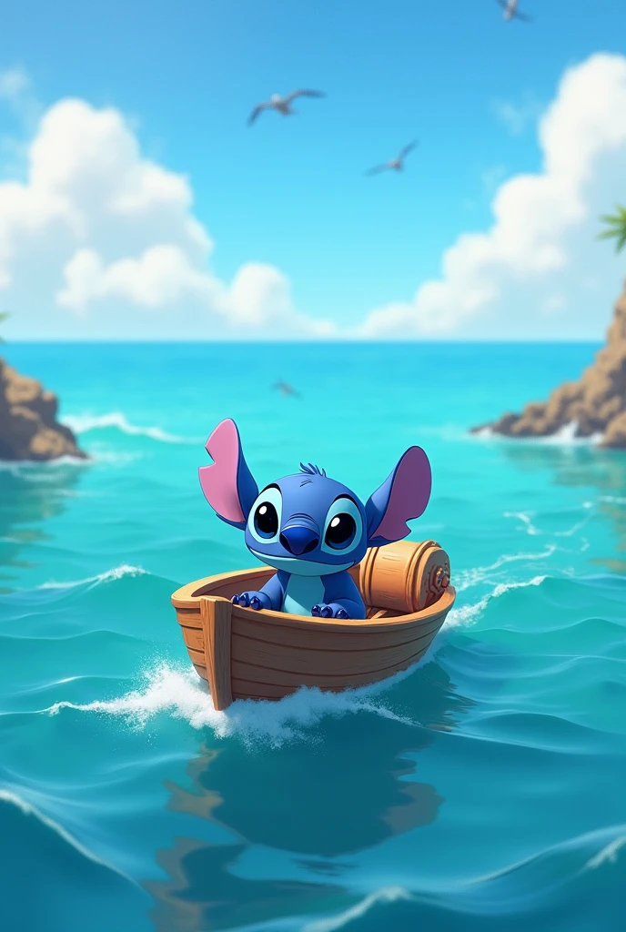 Imagine Stitch dans la mer avec un bateau