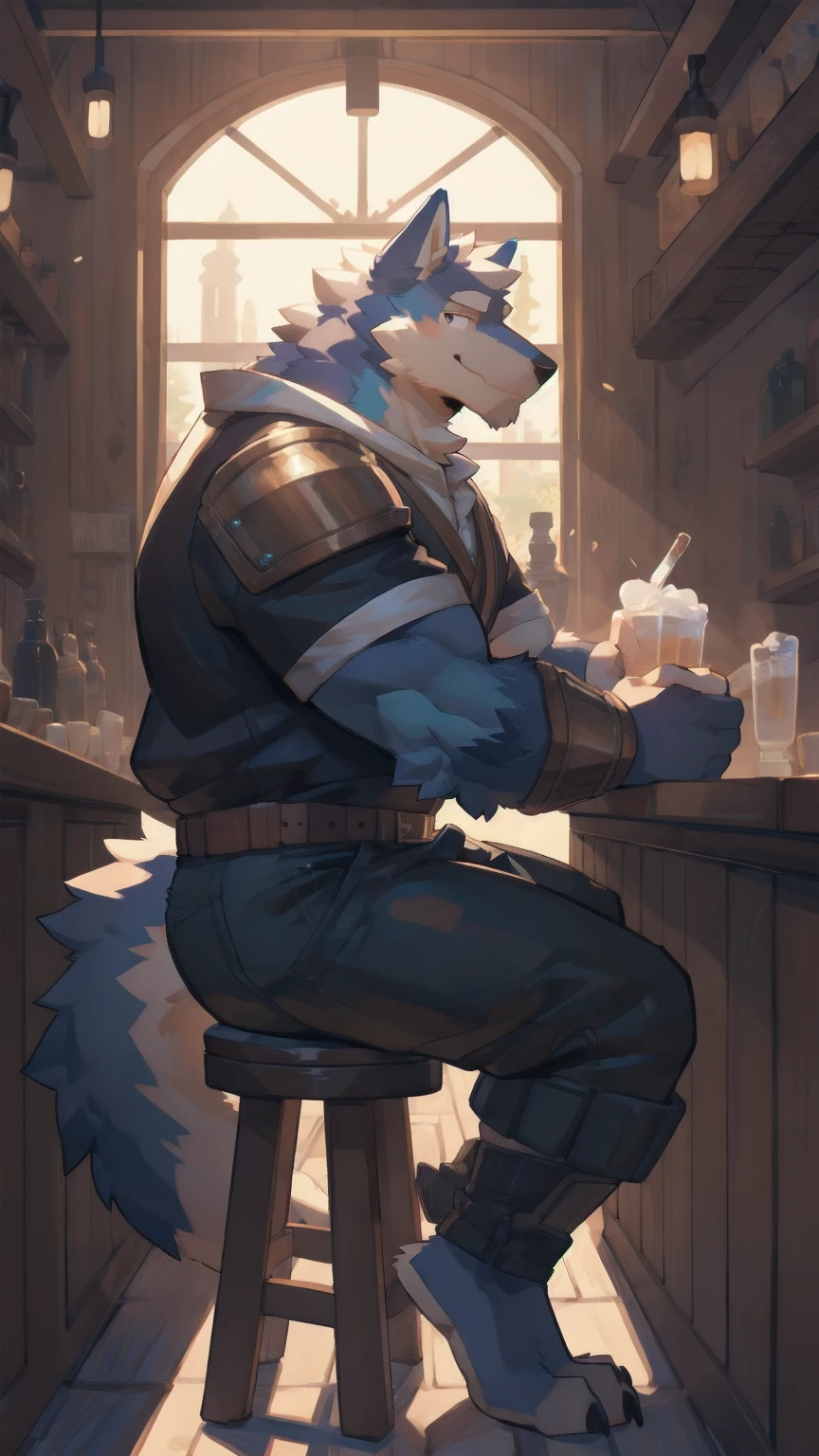 Solo, male, sitting at tavern, bulge, by bigcozyorca, by goonie-san, by bebebebebe, by spikedmauler, side view, big buff , wolf tyrannosaurus hybrid, black fur, cream fur on stomach, bushy tail, buff, wearing brown fantasy leather armor, tall, masculine, bulge, sexy, sexy expression